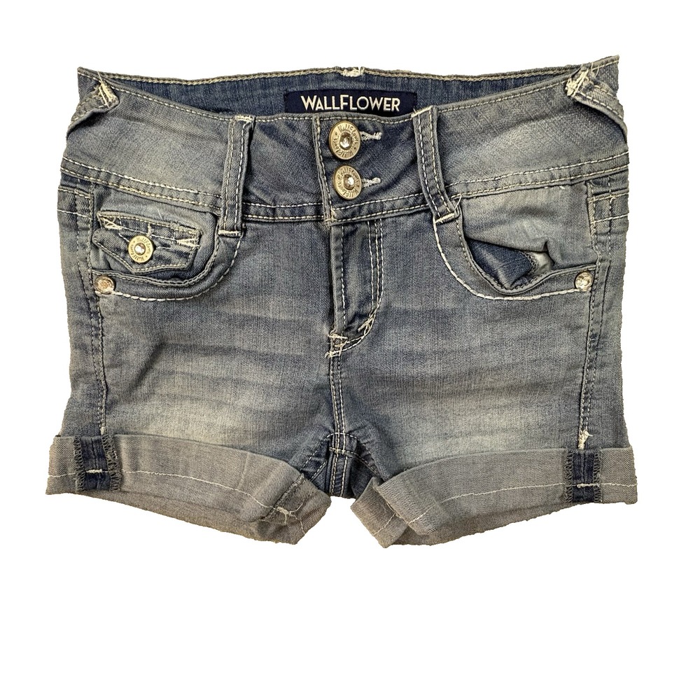 WallFlower Womens 0 (25.5x3) Blue Curvy Fit Rhinestone Cuffed Denim Shorts Y2K